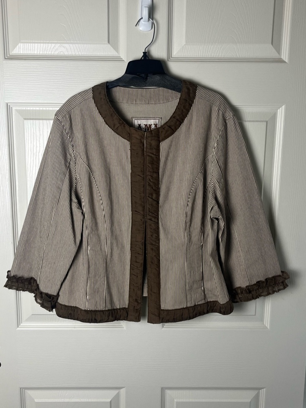 Striped Neutral Jacket with Brown Trim